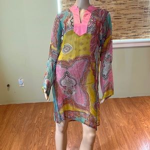 Puzzle Bright Multi-colored Sheer Dress With Sequin Trim Satin Neck Size S